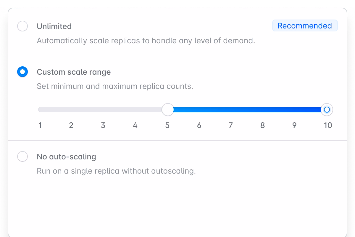 Screenshot of auto-scaling options including "Unlimited", "Custom scale range", and "No auto-scaling"