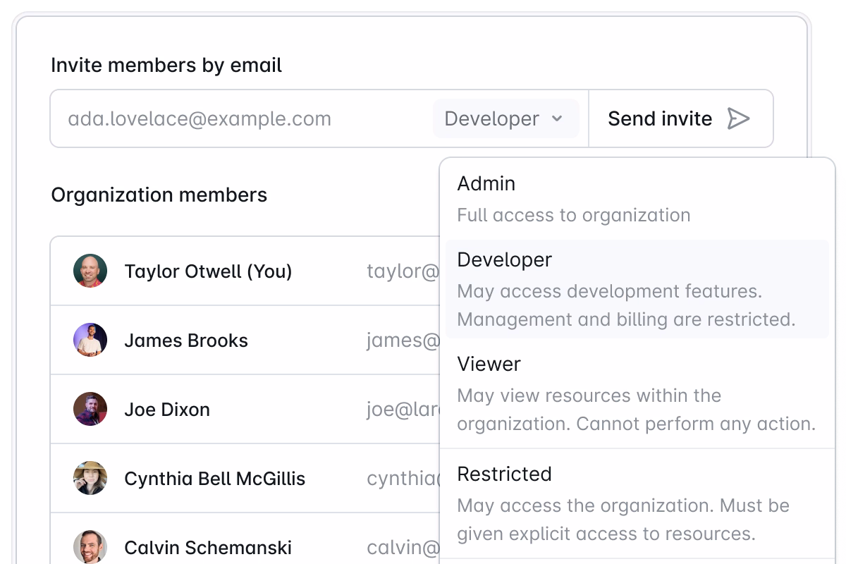 Screenshot of team member invitation form showing existing members and available roles